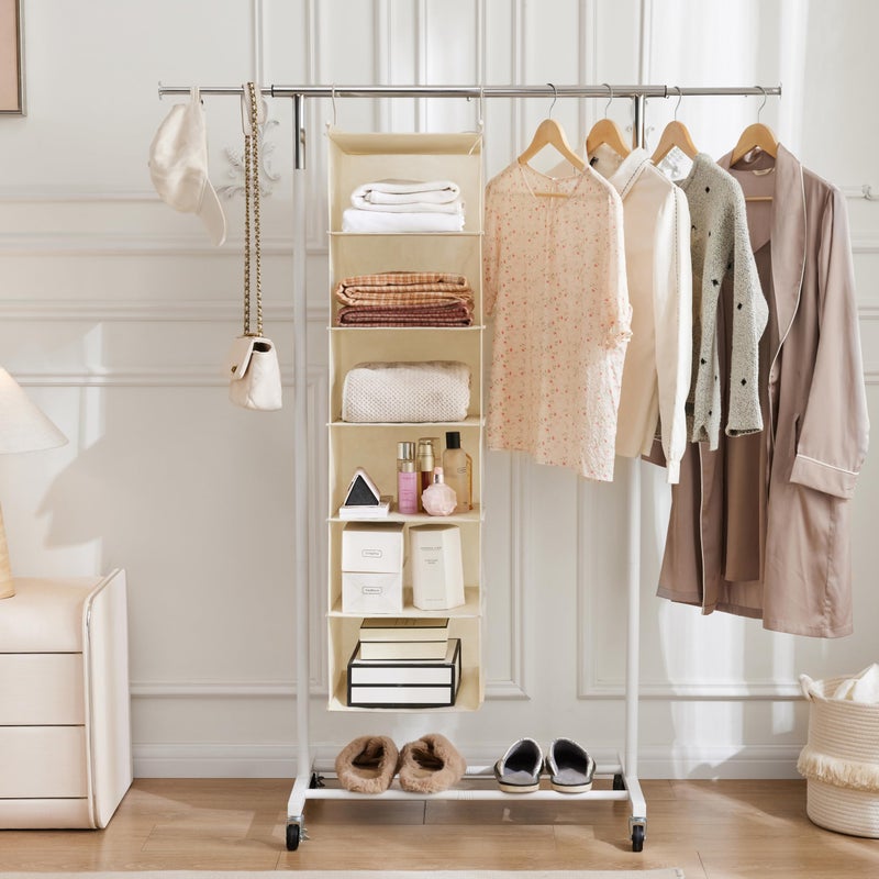 MAX Houser 6 Tier Shelf Hanging Closet Organizer, Cloth Hanging Shelf with 2 Sturdy Hooks for Storage, Foldable (Beige) - Image 4
